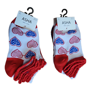 ASHA 2-Six Packs Of Patriotic Ankle Girls Sock Size 4-6 Red Blue White Hearts